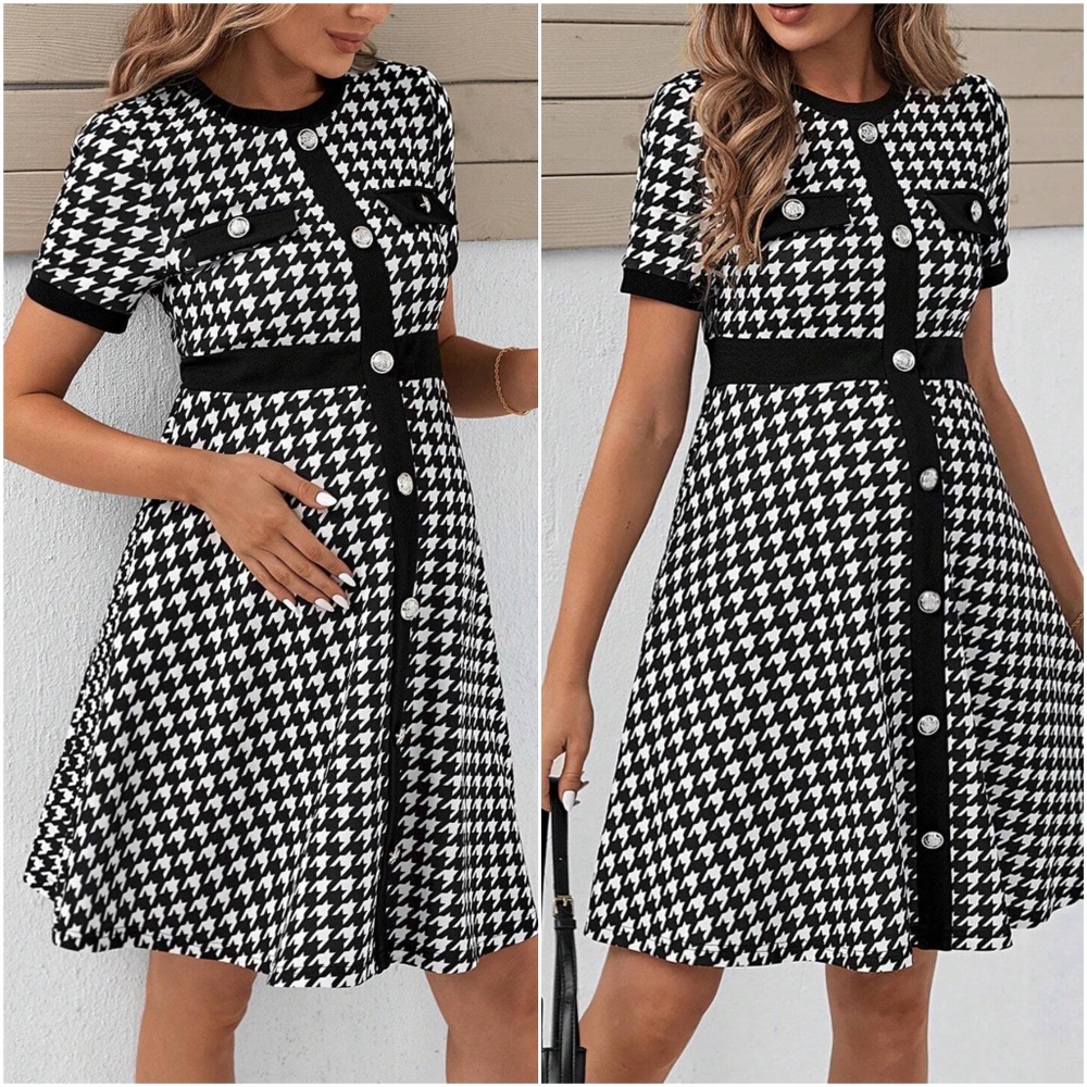 Maternity Houndstooth Print Classic Short Sleeve Dress